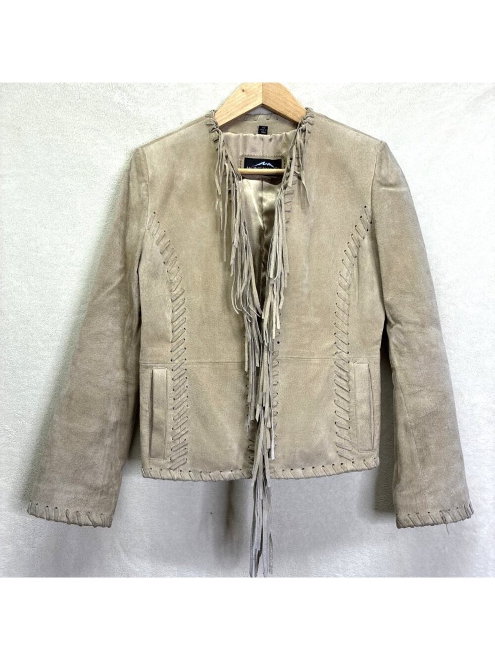 VTG Montanaco Jacket Genuine Leather Fringe Western Open Front Tan Cowgirl XS #g